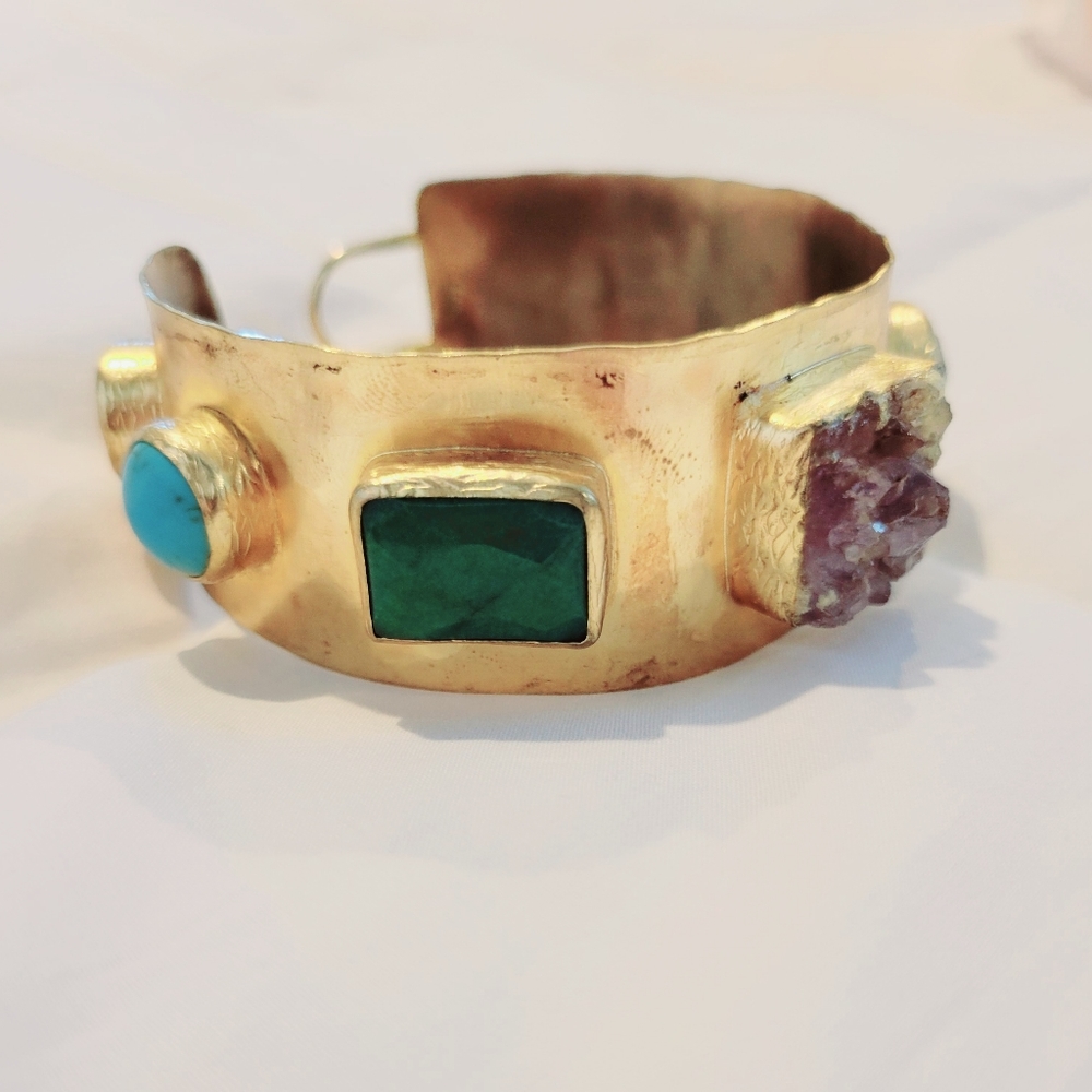 Cuff Thick Brass Bracelet w/ Raw Gemstones